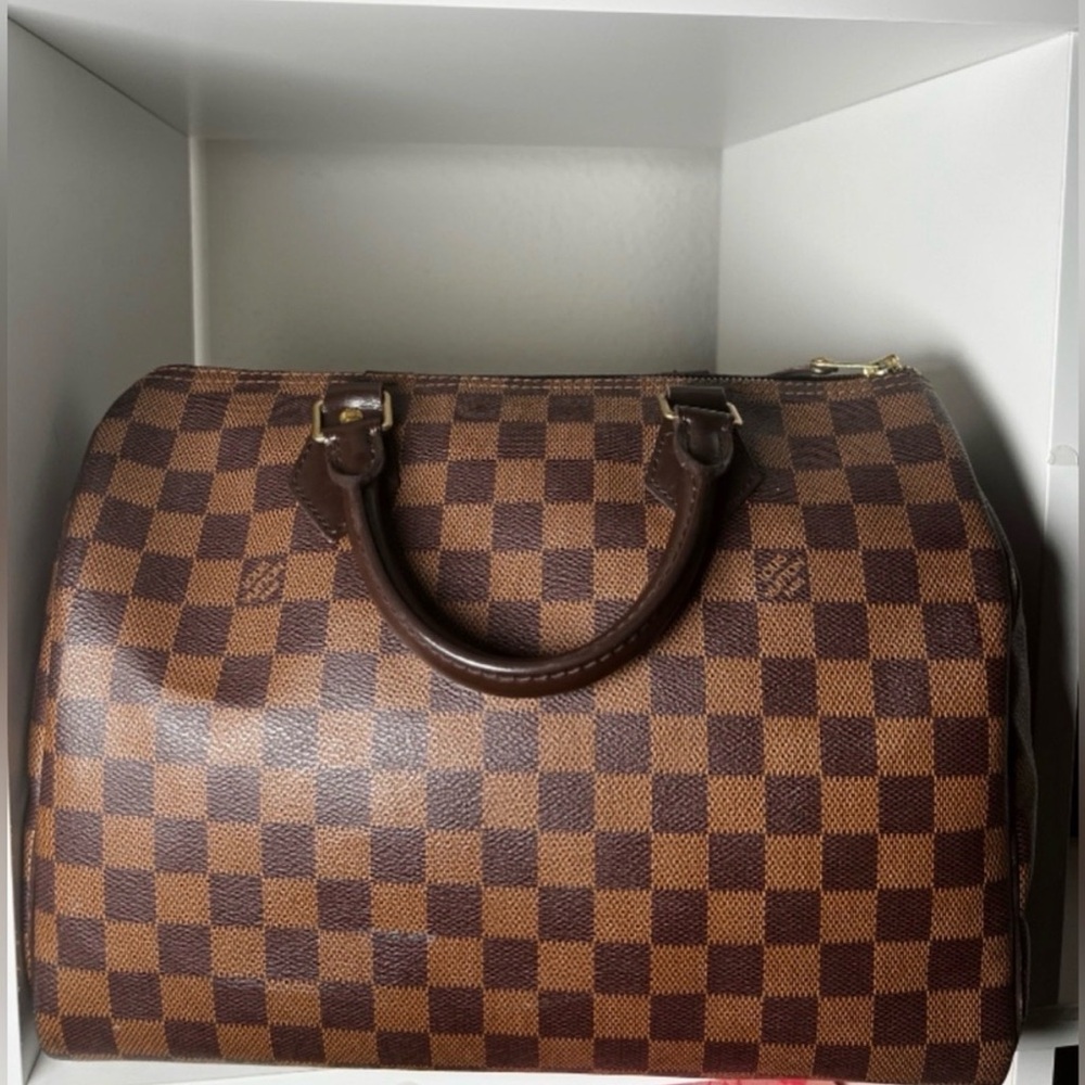 Louis Vuitton Damier Ebene Speedy 30 Satchel with Red Interior